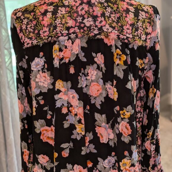 Free People Black Floral Mixed Media Button Down Blouse Top - Picture 2 of 6